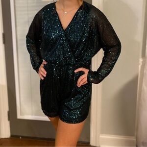 Lulu's Teal Sequin Long Sleeve romper
